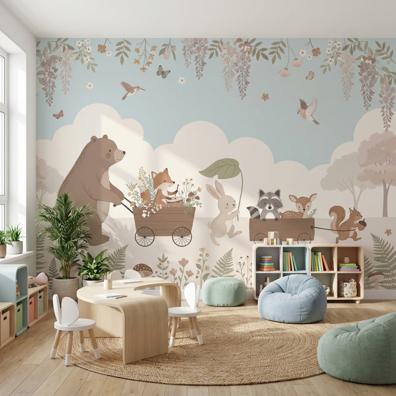 Whimsical Animals Wallpaper Pastel Nature Wall Mural, 140"x108", Peler et coller
