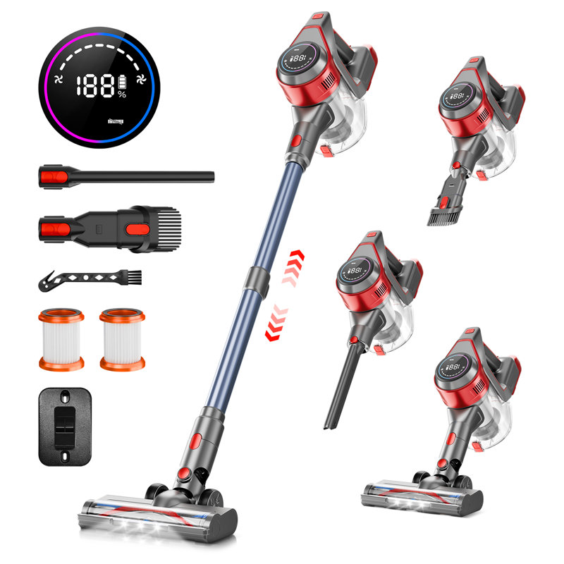 Cordless Vacuum Cleaner, 8 In 1 Powerful Suction Lightweight Vacuum Cleaner For Home, Led Display, 3 Suction Modes, 45mins Detachable Battery Vacuum For Hard Floor Carpet Pet Hair, Red