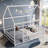 Full Size Floor Wooden Frame Materialen Bed Frame With House Roof Frame, Fence Guardrails,In White Finish-629549461-629549466