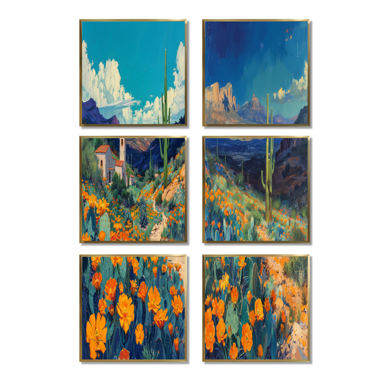 Orange, bleu, désert, cactus, paysage, Mexique, ensemble de 6 plantes murales, art mural, Doré