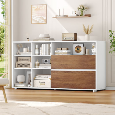 7 Storage Organizer Bookcase With Drawers & Adjustable Shelves, Horizontal Bookshelf For Bedroom, Living Room, Office