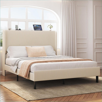 Queen Size Metal Platform Bed Frame with Charging Station &amp; Storage Headboard, No Box Spring Needed, Noise Free Beige for Bedroom