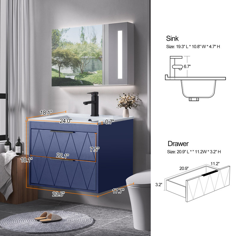 Ensemble de meuble-lavabo mural simple 24 po avec lavabo, robinet en alliage de zinc et tiroirs à fermeture en douceur Ciarra Makowski