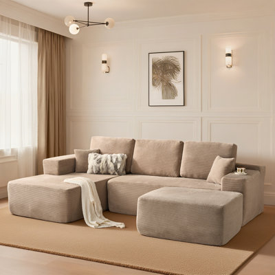 Boneless Compression Packed 3-piece Cloud Modular Corduroy Sectional Sofa With Ottoman – No Assembly Required