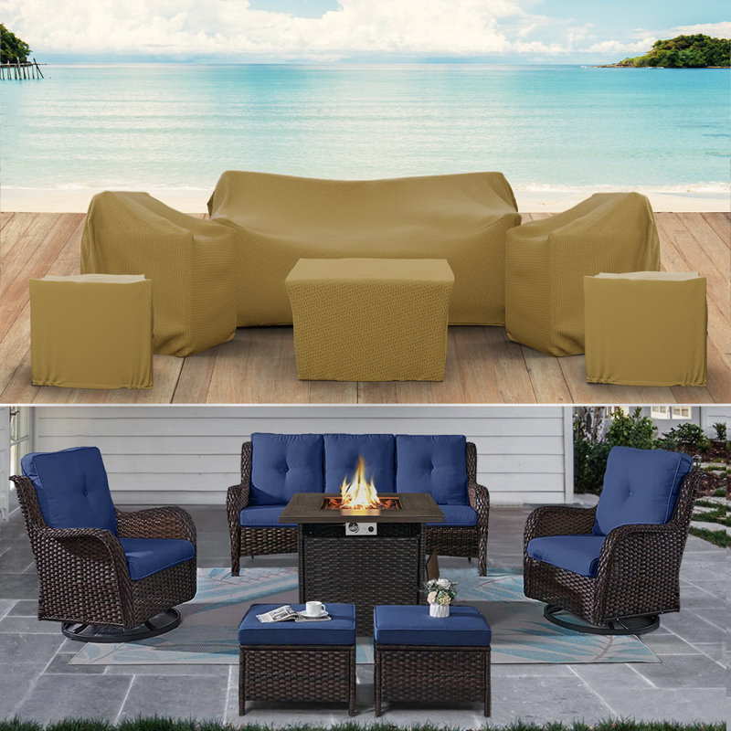 Patio Furniture Set Cover For 5 Piece Wicker Outdoor Seating Group, Water UV & Weather Resistant Cover, Beige