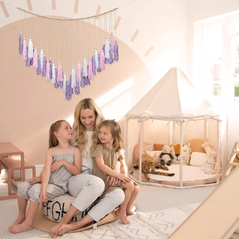 Décoration murale macramé Haning, décoration murale pompon Boho, Rose / Mauve