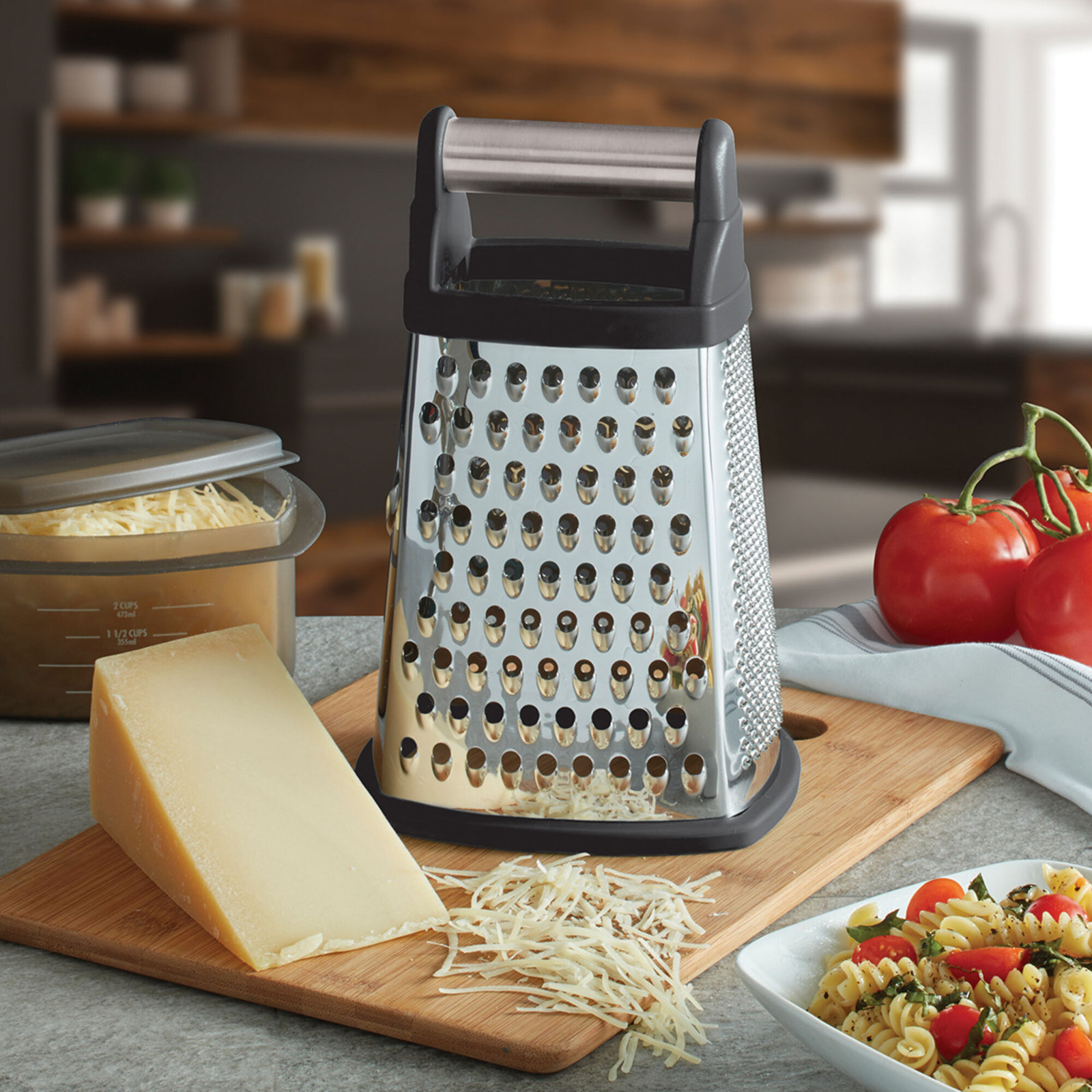 KitchenAid® Gourmet 4-Sided Stainless Steel Box Grater with Detachable Storage Container, Black/Silver