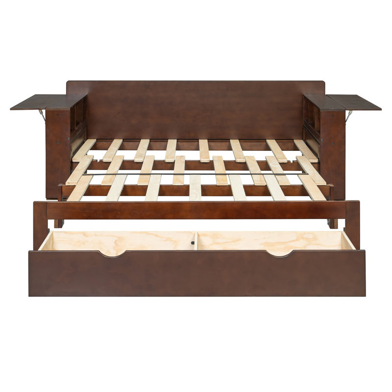 Lit de jour avec bureau amovible, tiroirs de rangement et table d'appoint hydraulique, Lit double, Espresso