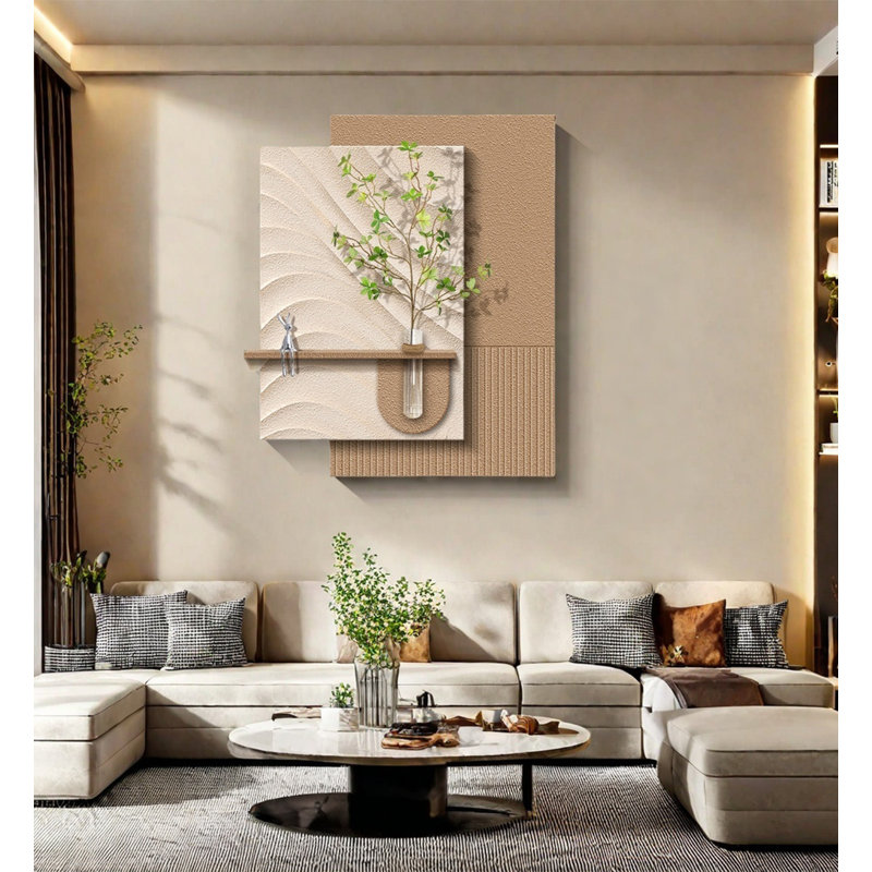 Art mural moderne en grès avec verdure et lapin, Brun / Beige, H 39,37 po x l 31,5 po x P 1,97 po