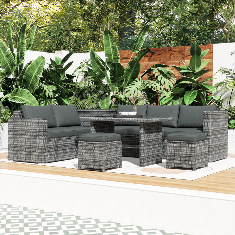 Ensemble de canapé d'extérieur en rotin 6 pièces avec rangement réglable, table réglable et table en verre trempé 6 pièces