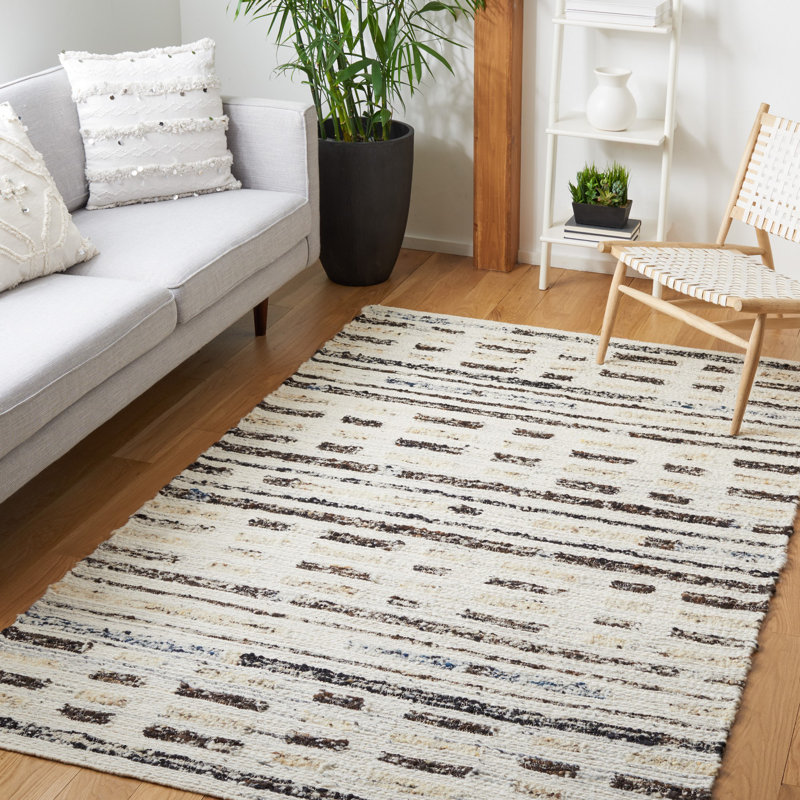 Ihechikara Hand Woven Wool/Cotton Striped Rug in Ivory/Dark Brown, Rectangle 4' x 6'