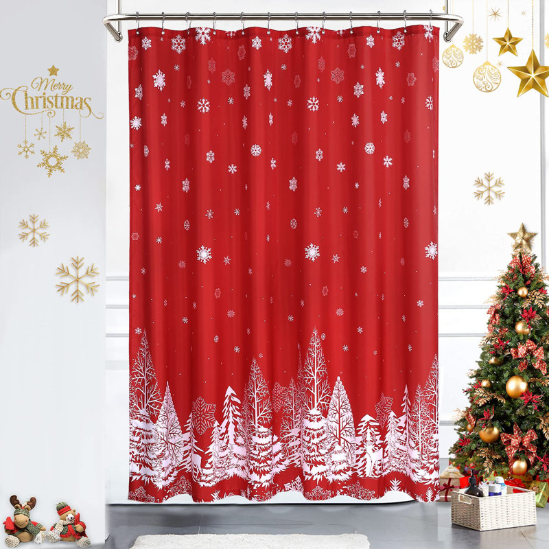 Christmas Snowflake & Tree Shower Curtain in 90GSM Oxford Polyester | Water-Repellent, Rustproof Grommets, Machine Washable Festive Bathroom Decor