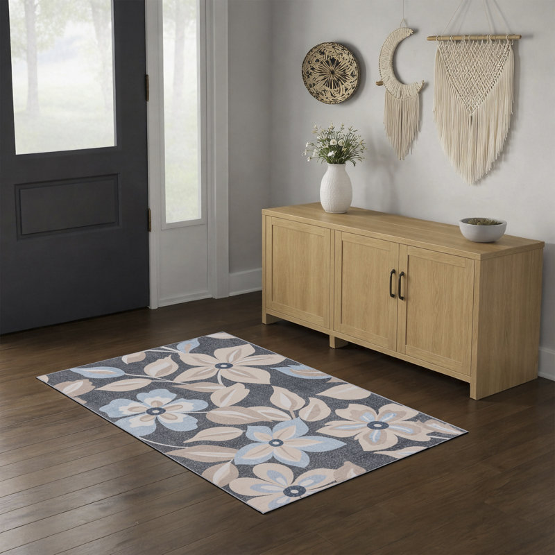 Machine Washable Boho Floral Area Rug Non-Slip Backing Charcoal Blue/Beige Indoor Carpet for Living Room, Bedroom, Hallway Runner