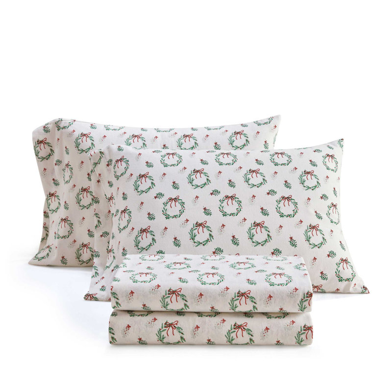 Martha Stewart Wreaths & Mistletoe Green Cotton Flannel Sheet Set, Twin  Sheet Set with 1 Pillowcases