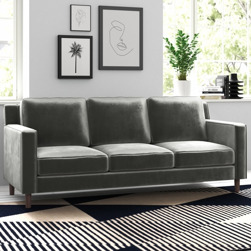 Canapé en velours à accoudoirs carrés de 77 po Ferranti, Velours gris velours