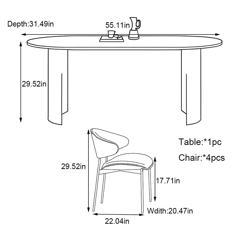 Sophisticated retro-style oval dining table set, 29.52"H x 55.11"L x 31.49"W