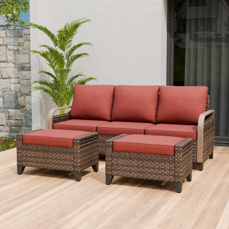 Outdoor Wicker Rattan Patio Sofa with Cushions and Ottomans, Red
