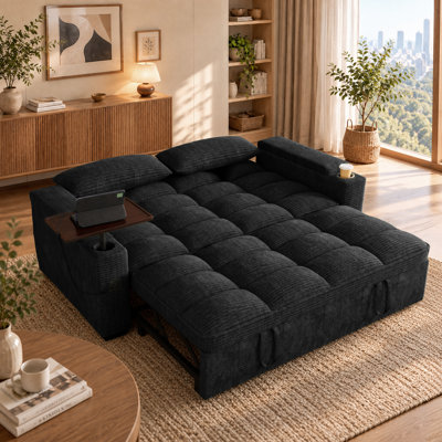 Canapé-lit convertible 65 po Corduroy, causeuse escamotable avec table d'appoint, ports de chargement USB et poche de rangement, canapé-lit moderne