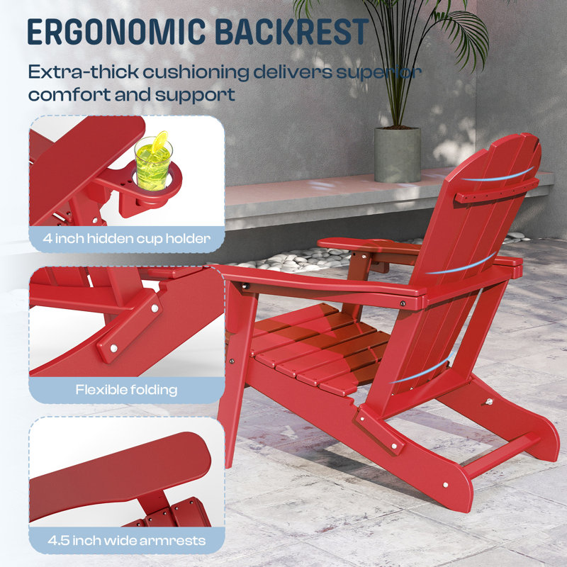 Set Of 2 Folding Adirondack Chairs With Cup Holder, All-weather Hdpe, Red