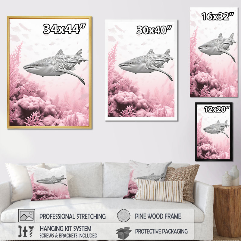 " Pink And Gray Shark Dance ", White Single Picture Framed, 44" H x 34" W x 1.5" D