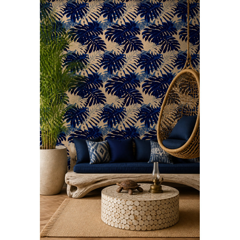 Navy Tropical Wallpaper Monstera Leaf Pattern, Peel and Stick