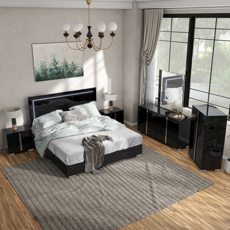 Duckworth Bedroom Set, Black, King, 6 Pcs: Bed, 2 Nightstands, 2 Dressers, Mirror