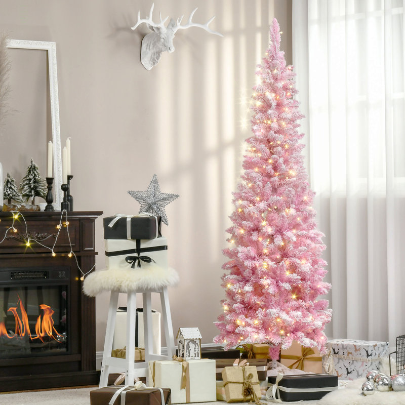 Arbre de Noël artificiel enneigé 6 pi avec forme de crayon, branches de pin réalistes, lumières DEL chaudes, ouverture automatique