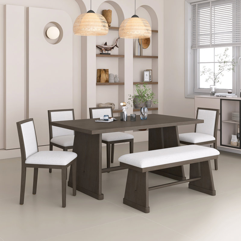 Ensemble de table de salle à manger 6 pièces à structure rectangulaire en bois massif avec pieds trapézoïdaux, 4 chaises ergonomiques rembourrées en lin et 1 banc rembourré, repose-pieds réglables, assemblage facile