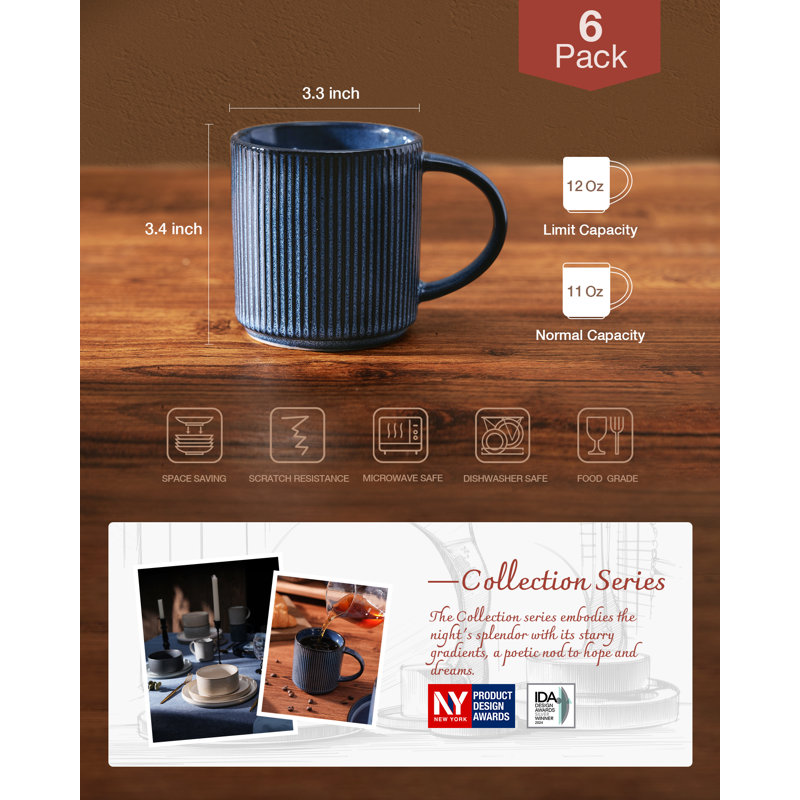 Ensemble de 6 grandes tasses à café 12 oz en grès, Bleu nébuleuses