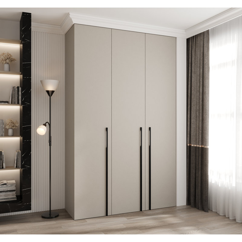 3 Door Manufactured Wood Wardrobe, 245,5 H x 150 W x 50 D, cashmere + handles: black