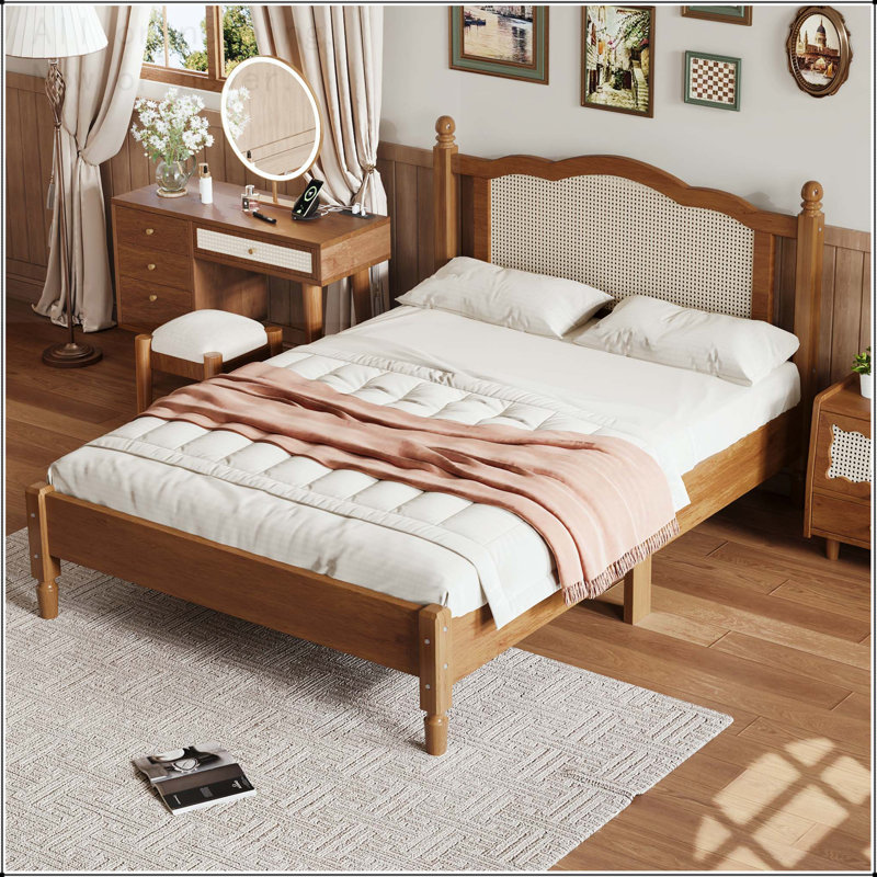 Lit plateforme double en bois avec tête de lit en rotin naturel et support en lattes de bois, Lit double, Noyer