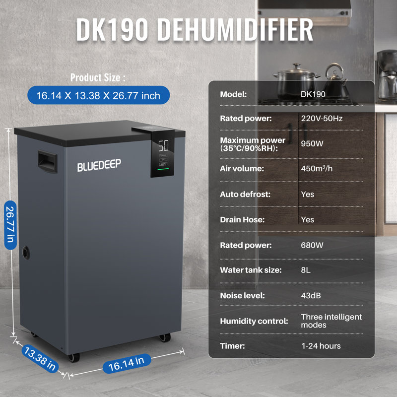 190 pt. 6000 pieds carrés Pi. Déshumidificateur commercial Buckless avec réservoir pour sous-sol, Noir, noir, noir, noir