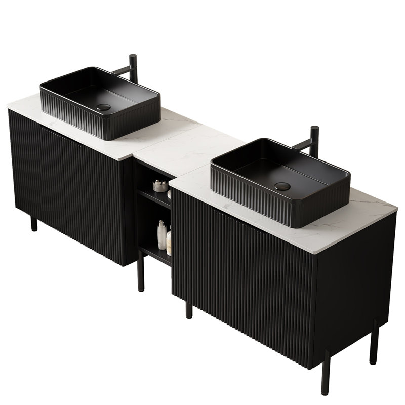 Meuble-lavabo double autoportant 72 po avec lavabos 72 po, 2 armoires de rangement rayées 30 po + tablette ouverte amovible 12 po, 2 vasques rectangulaires avec comptoir blanc Carrara