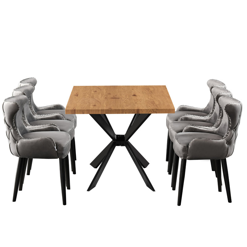 Ricky 6 Person Dining set - a Rectangular Wooden Dining Table with Metal Legs and a Set of 6 Quilted Velvet Dining Chairs for Dining Room - Modern Dining Table Set