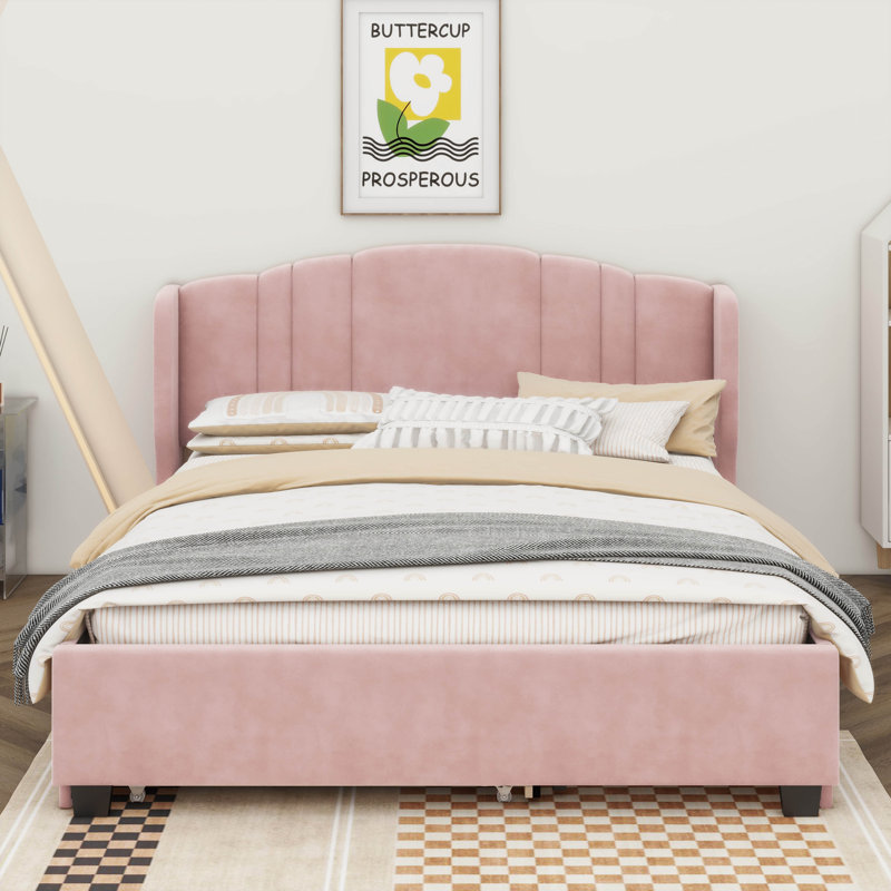 Elegant Queen-Size Upholstered Platform Bed With Wingback Headboard, Trundle Option, And Dual Storage Drawers, Pink
