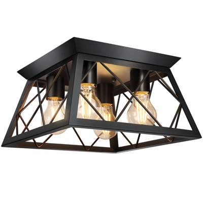 4-Light Black Flush Mount Ceiling Light For Kitchen Hallway, Industrial Close To Ceiling Lighting, Farmhouse Square Cage Lamp For Dining Room, Living Room, Bulb Not Included