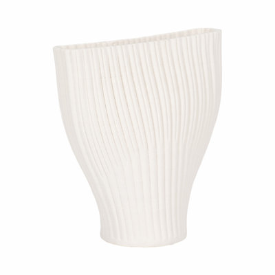 Sculptural Fluted Stoneware Porcelain 3D Print Flower Vase for Home Decor - Modern Tall Structure for Side Table Styling - Ivory & Tan