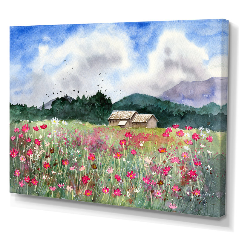 Paysage avec un champ de fleurs blanches et roses - Peinture sur toile, H 40 po x l 60 po x P 1,5 po, Toile tendue