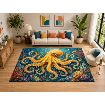 Tapis d'intérieur « Ultra Fin » grand format 201 x 300 cm, motif pieuvre jaune, pour salon, à poils courts et doux, avec envers antidérapant en silicone, couleur turquoise.