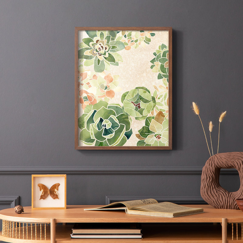 Vitrail succulentes I, reproduction encadrée - bois massif, Brun, H 14 po x l 11 po