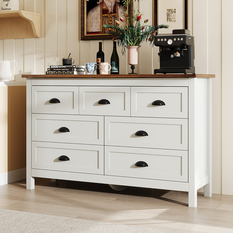 Dresser For Bedroom, Modern Dresser With 7 Drawers, Wide Chest Of Drawers With Metal Handles, Brown/White