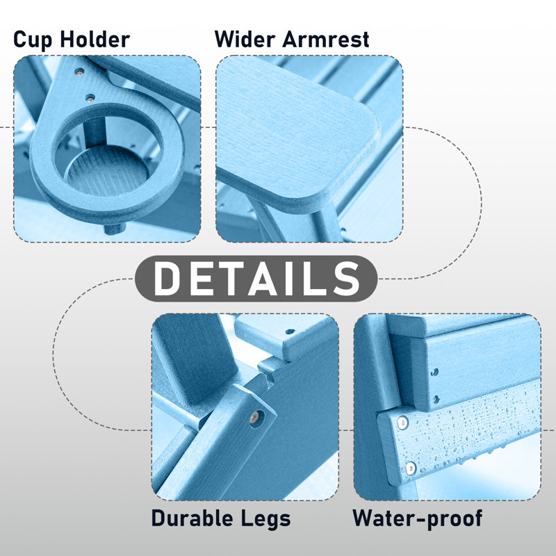 HDPE Folding Adirondack Chair With Cup Holder,Weather-Resistant, Low Maintenance,Supports Up To 400Lbs,Light Blue,2 Pack