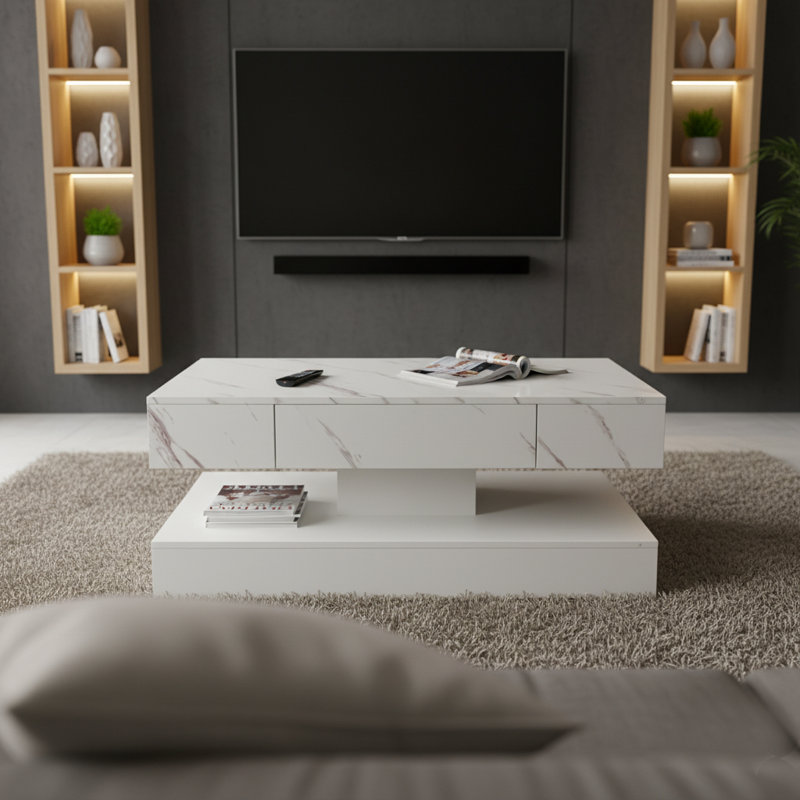 Table basse à niveaux moderne avec rangement pour tiroir, Blanc