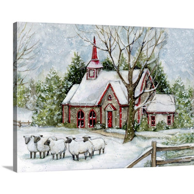 " Snowy Church With Sheep " by Susan Winget Painting Print
