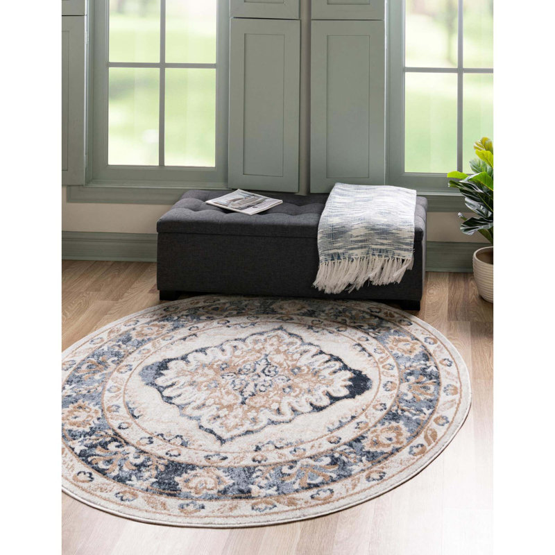 Tapis oriental en polypropylène tissé à la machine Octagon en ivoire / gris, Rond 3 pi