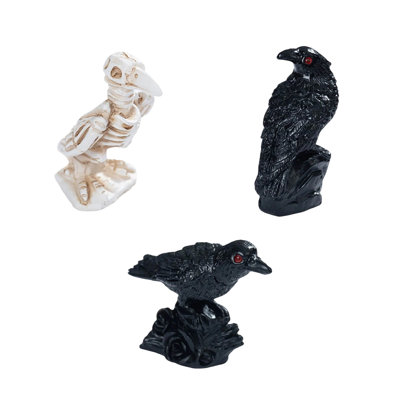 Halloween Decorations Halloween Crow Figurines Decor 3Pcs Resin Black  Statues  White Skeleton Bird Skull Ornaments Gothic Crow with Red Eyes Tabletop Mini Decor for Hallowee