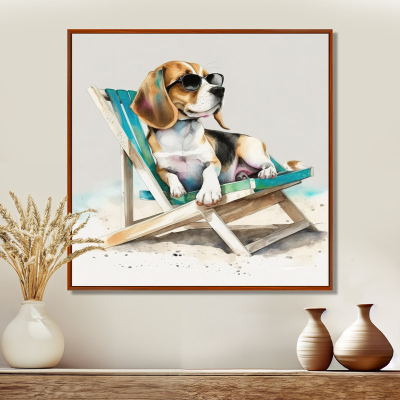 Chien sur la plage II - art mural sur toile, H 16 po x l 16 po, Cadre flottant brun