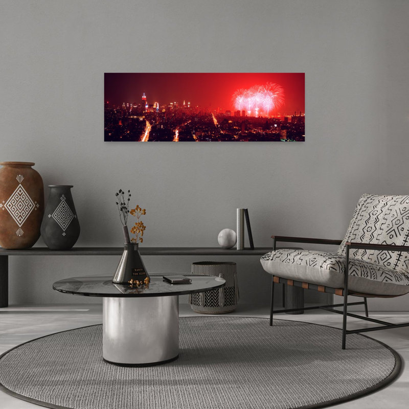 Fireworks Display At Night Over A City New York City New York State USA by Steven Lindner - Wrapped Canvas Panoramic Print