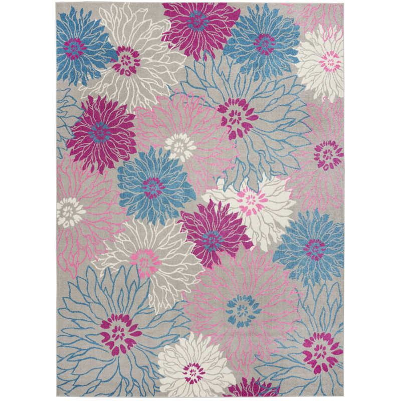 Tapis bleu tissé à la machine 9 pi x 12 pi floral