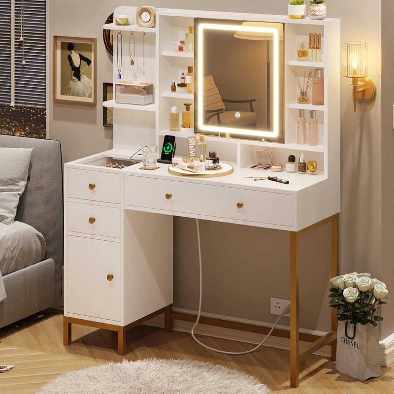 38.6" W Glass Tabletop Makeup Vanity Desk with Display Shelf, Dressing Table with 4 Drawers, LED Lights Mirror and Charging Station, White
